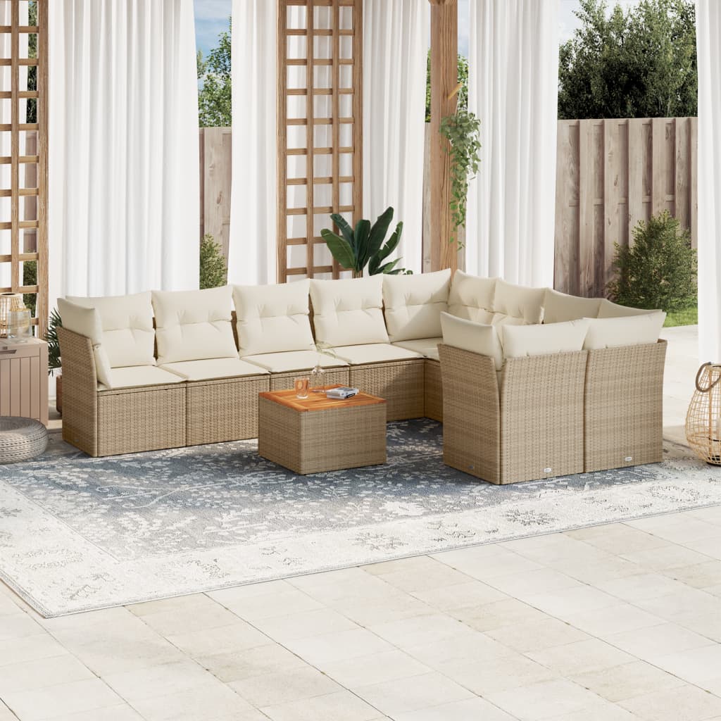 10-delige Loungeset met kussens poly rattan beige – afbeelding 1