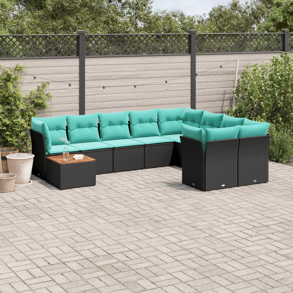 10-delige Loungeset met kussens poly rattan zwart – afbeelding 1