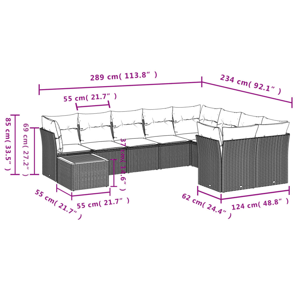 10-delige Loungeset met kussens poly rattan zwart – afbeelding 10