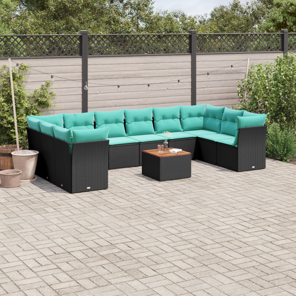 11-delige Loungeset met kussens poly rattan zwart – afbeelding 1