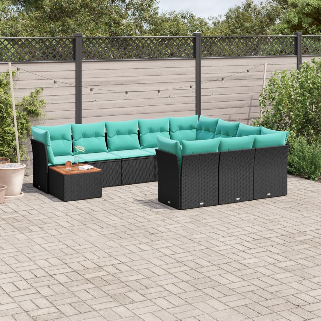 11-delige Loungeset met kussens poly rattan zwart