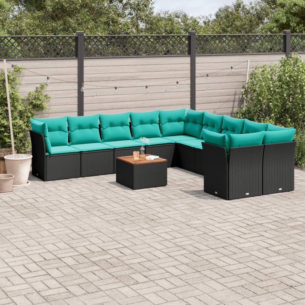 11-delige Loungeset met kussens poly rattan zwart