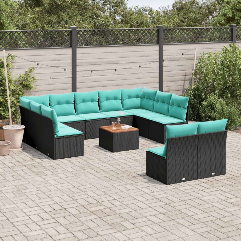 12-delige Loungeset met kussens poly rattan zwart – afbeelding 1
