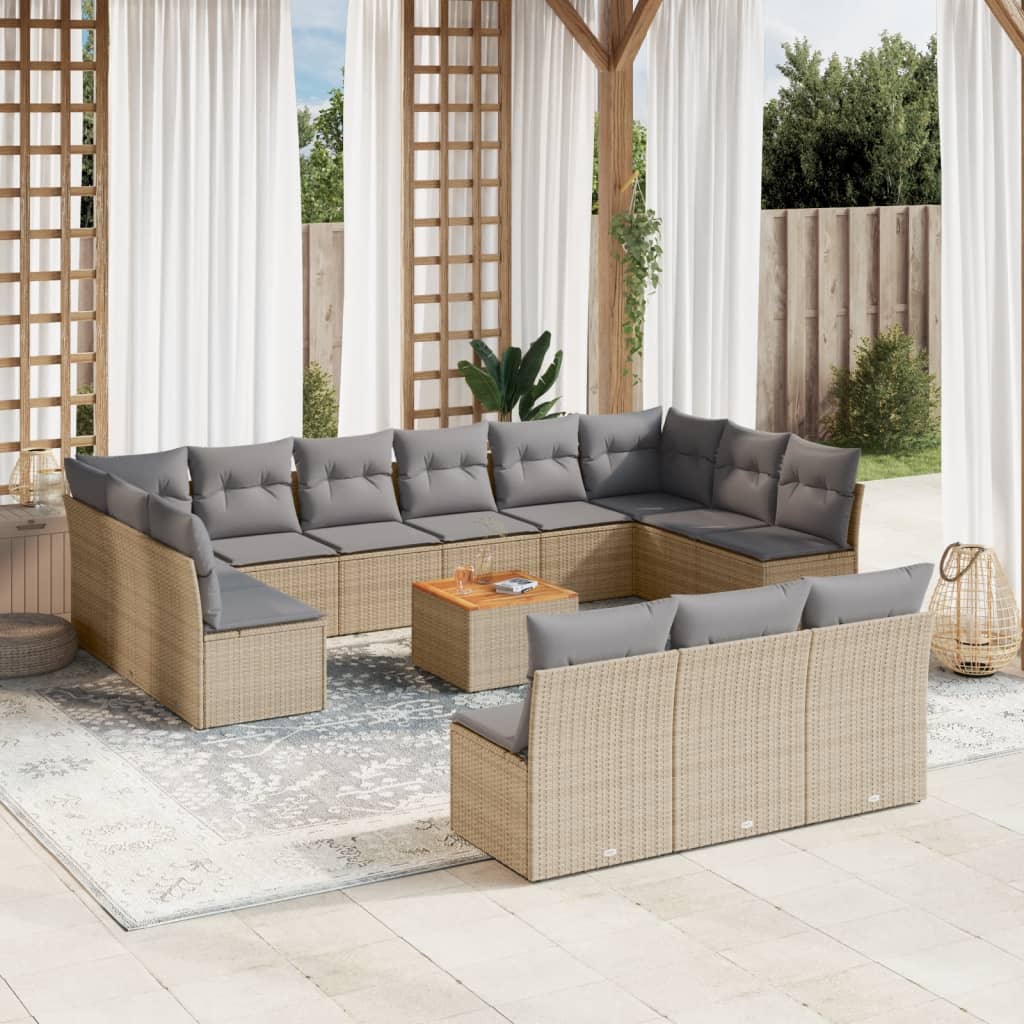 14-delige Loungeset met kussens poly rattan gemengd beige – afbeelding 1