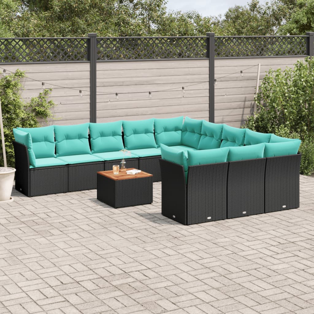 12-delige Loungeset met kussens poly rattan zwart
