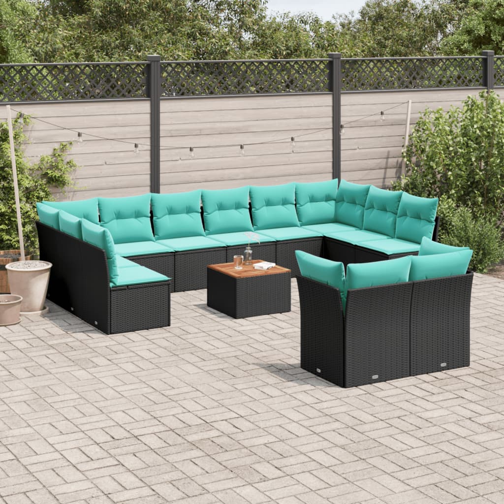13-delige Loungeset met kussens poly rattan zwart – afbeelding 1