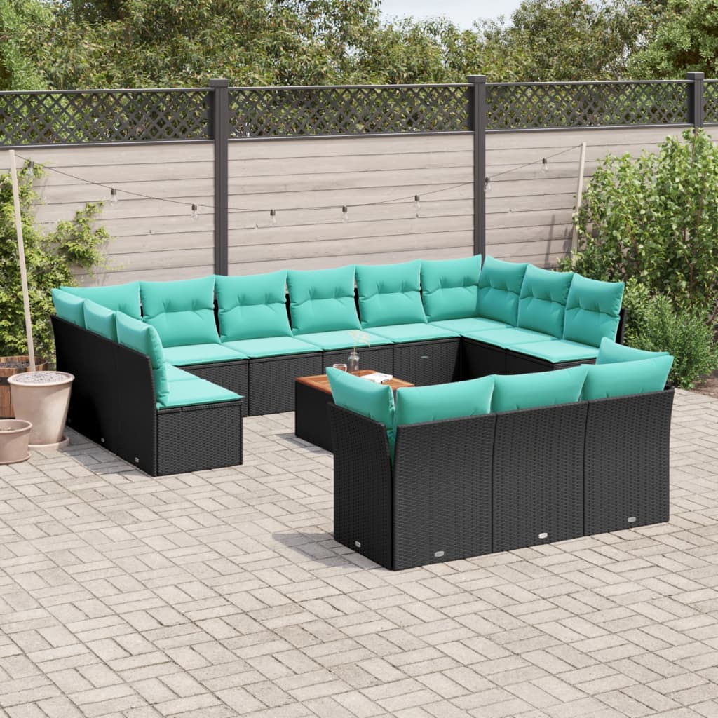 14-delige Loungeset met kussens poly rattan zwart – afbeelding 1