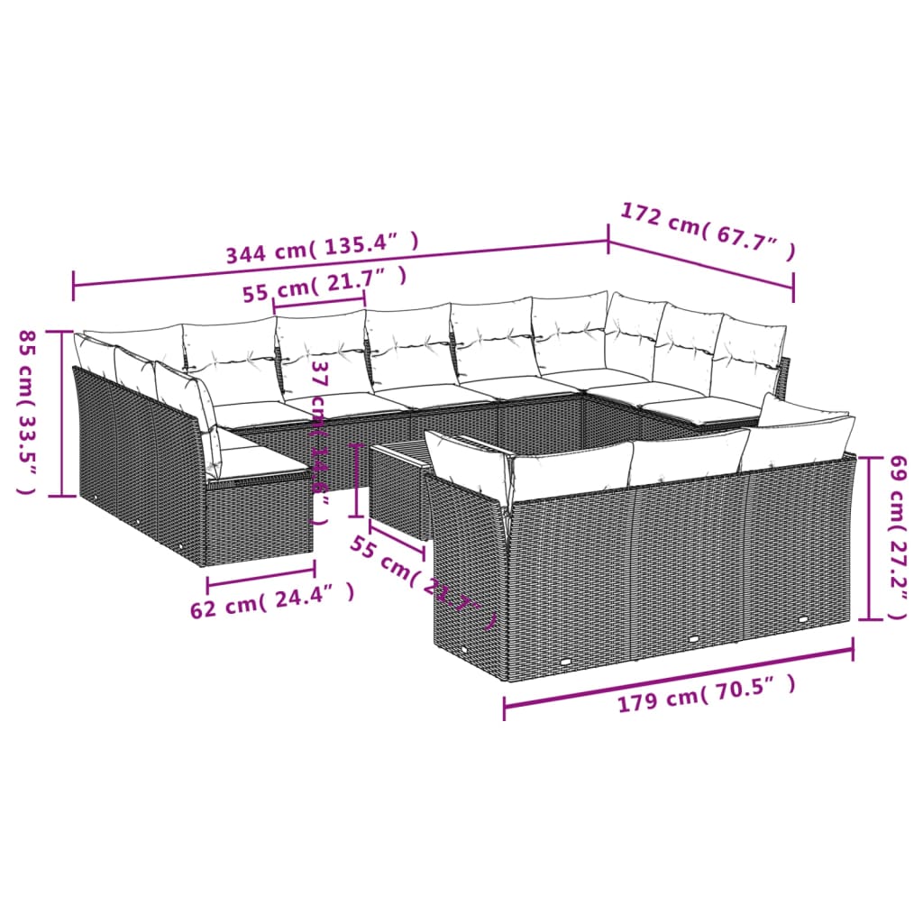 14-delige Loungeset met kussens poly rattan zwart – afbeelding 10