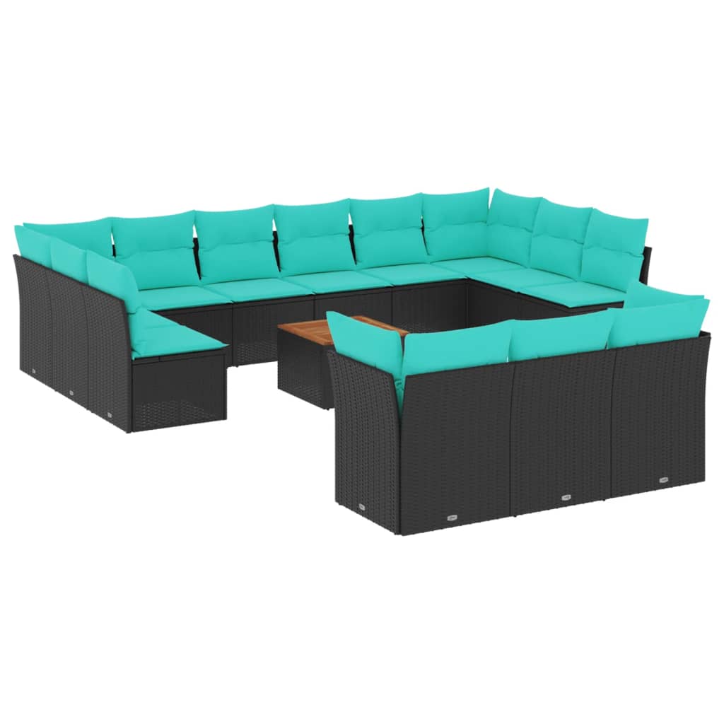 14-delige Loungeset met kussens poly rattan zwart – afbeelding 2
