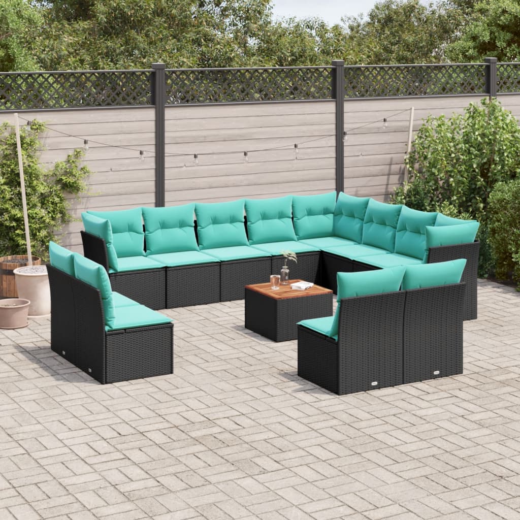 13-delige Loungeset met kussens poly rattan zwart
