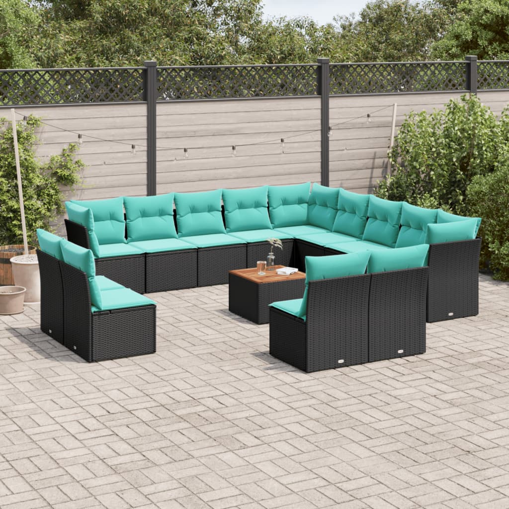14-delige Loungeset met kussens poly rattan zwart – afbeelding 1