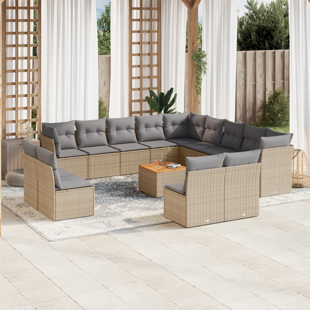14-delige Loungeset met kussens poly rattan gemengd beige – afbeelding 1