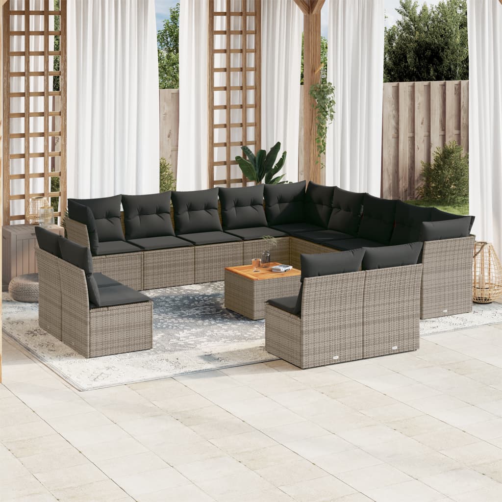 14-delige Loungeset met kussens poly rattan grijs – afbeelding 1