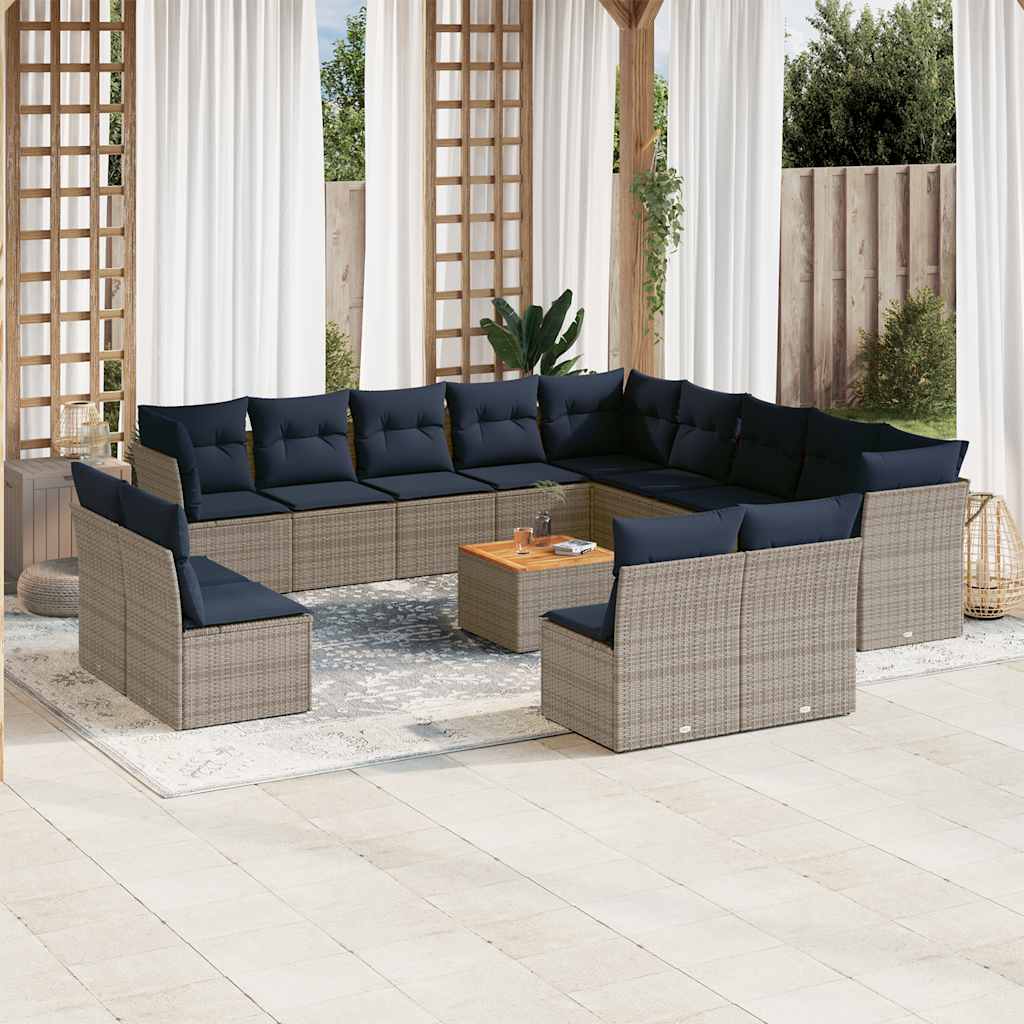 14-delige Loungeset met kussens poly rattan grijs – afbeelding 1