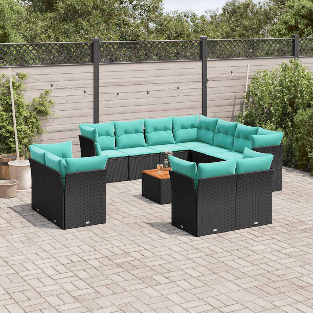12-delige Loungeset met kussens poly rattan zwart – afbeelding 1