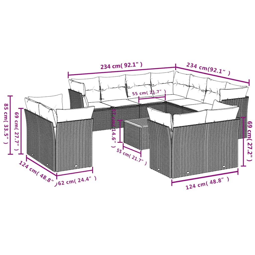 12-delige Loungeset met kussens poly rattan zwart – afbeelding 10
