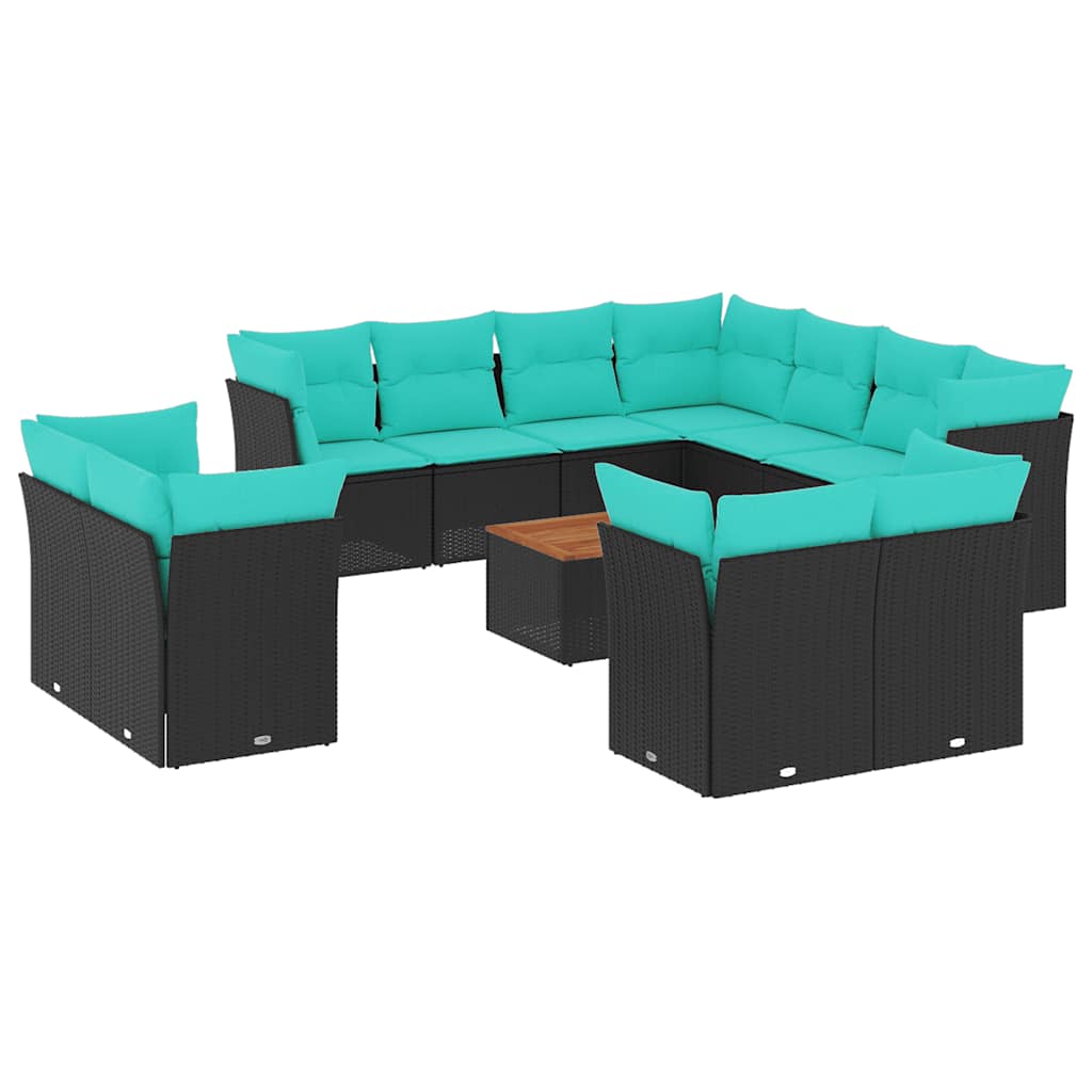 12-delige Loungeset met kussens poly rattan zwart – afbeelding 2