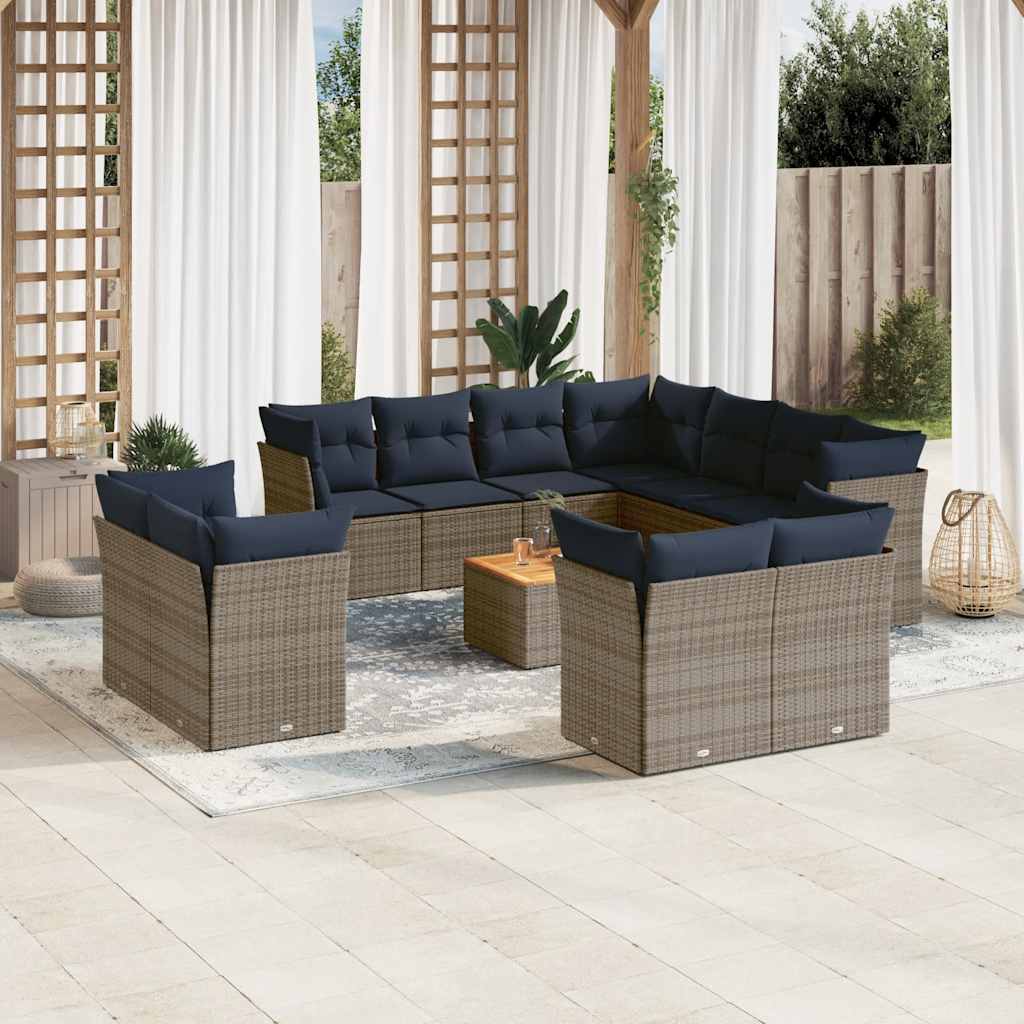 12-delige Loungeset met kussens poly rattan grijs – afbeelding 1