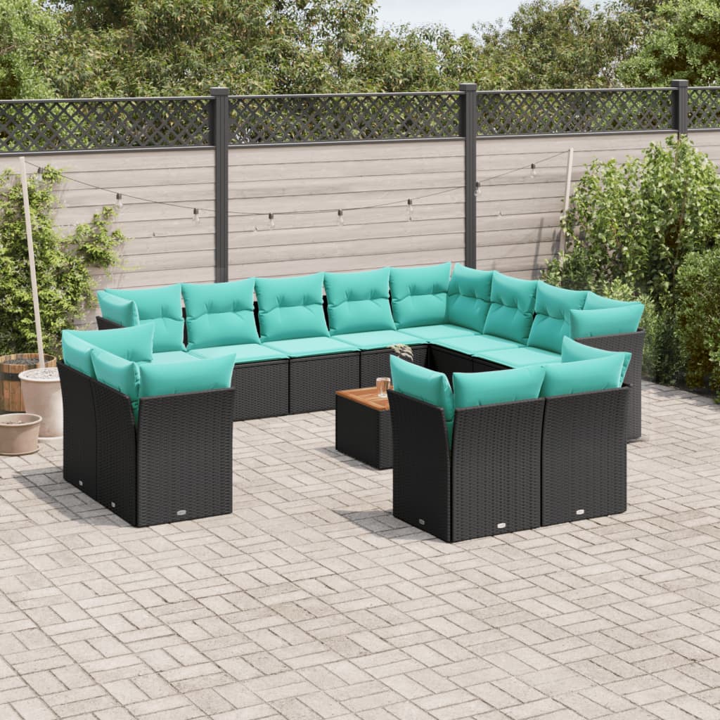 13-delige Loungeset met kussens poly rattan zwart – afbeelding 1