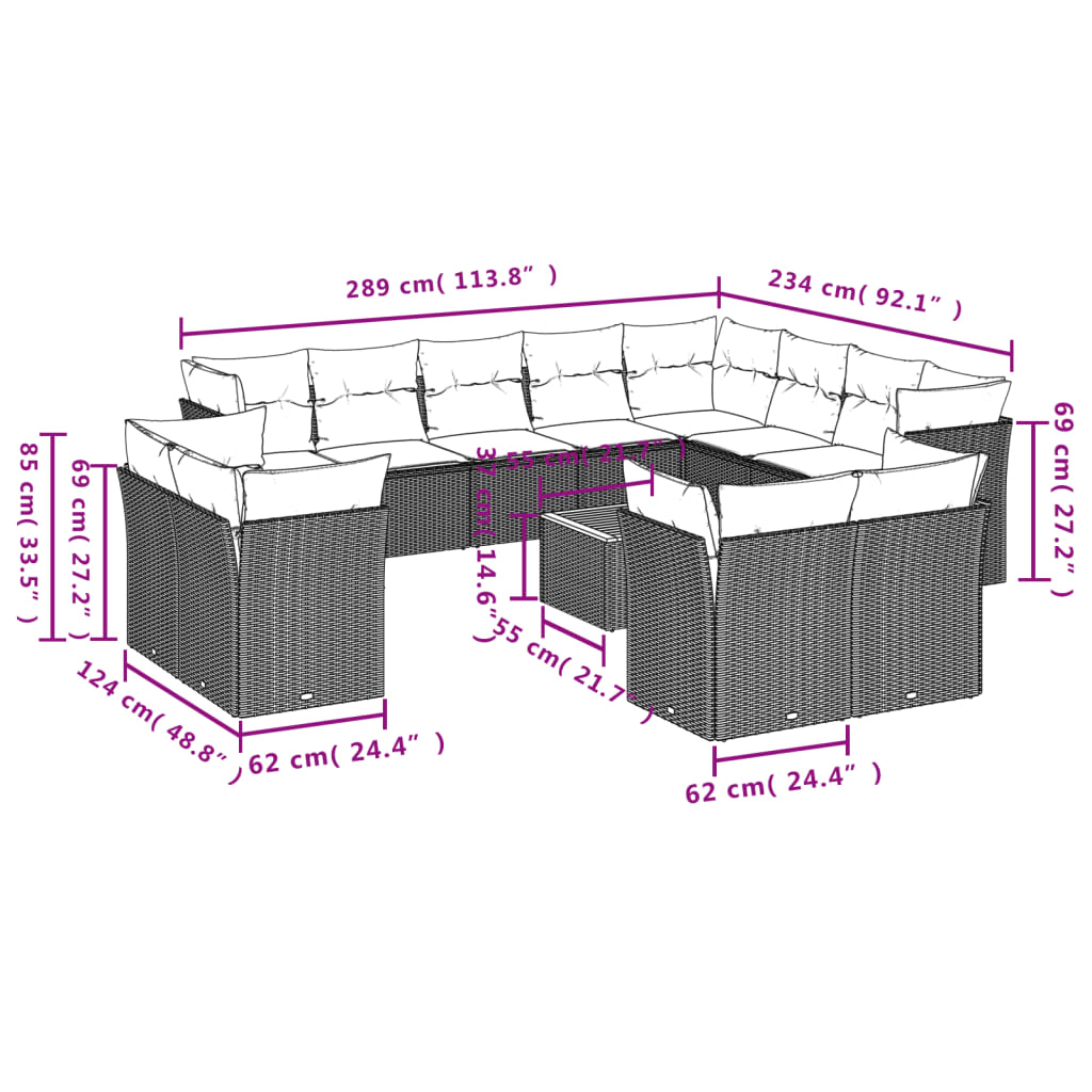 13-delige Loungeset met kussens poly rattan zwart – afbeelding 10