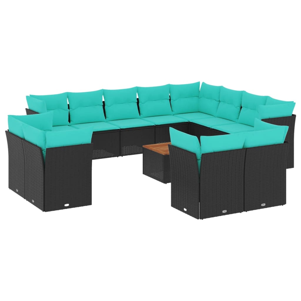 13-delige Loungeset met kussens poly rattan zwart – afbeelding 2