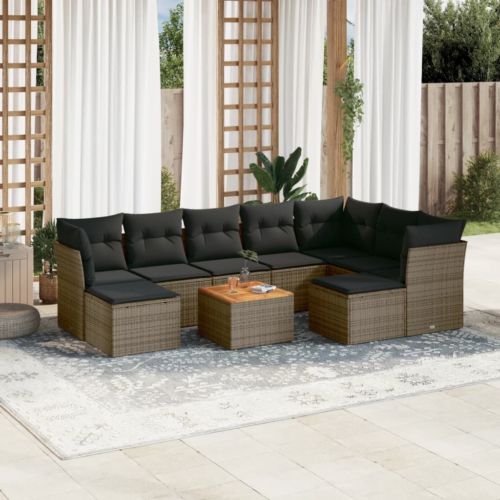 10-delige Loungeset met kussens poly rattan grijs – afbeelding 1