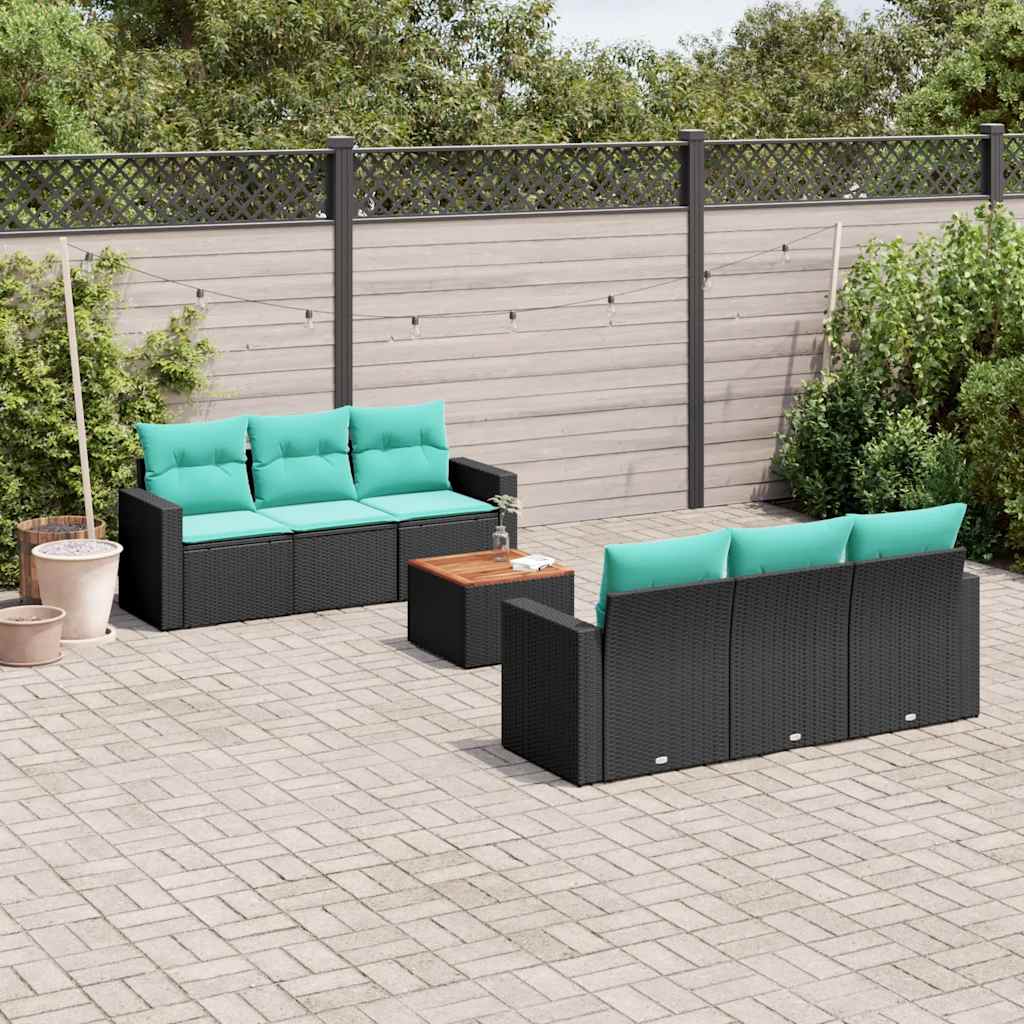 7-delige Loungeset met kussens poly rattan zwart – afbeelding 1