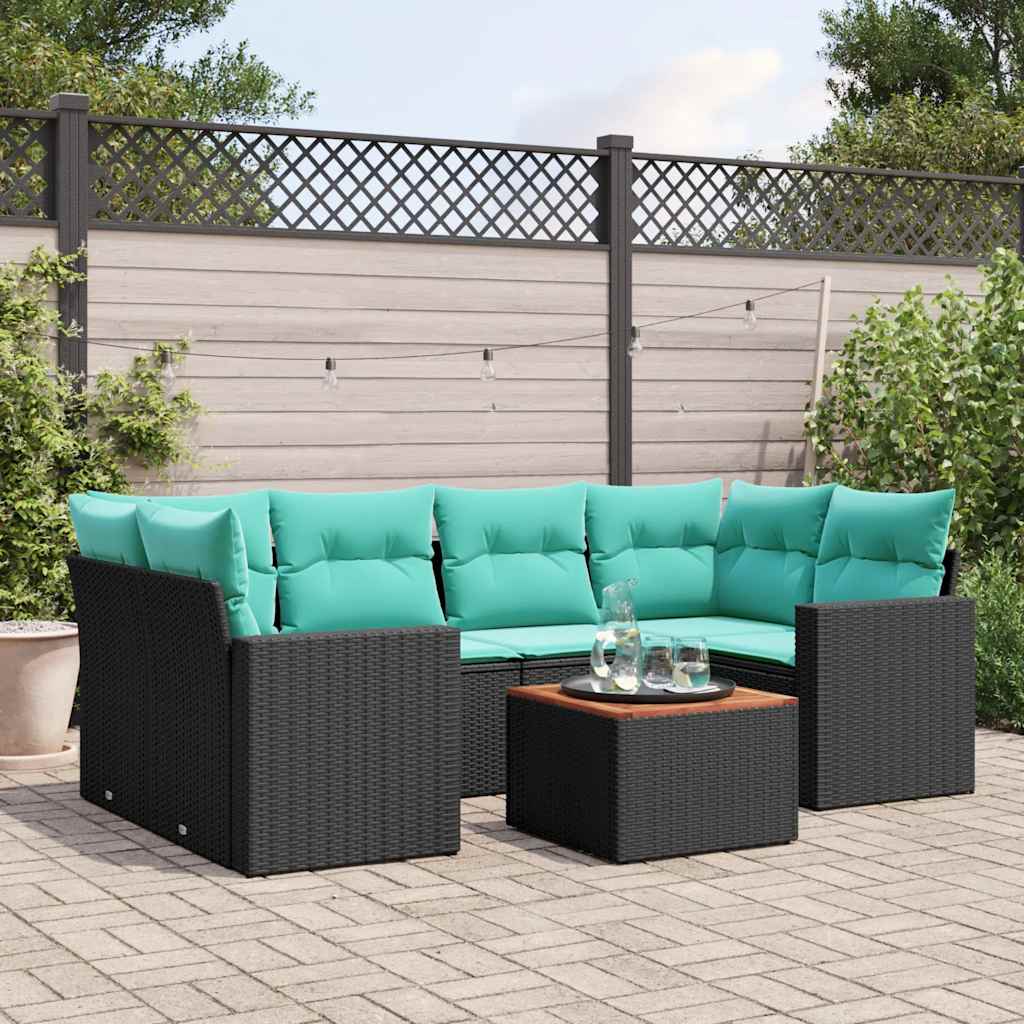 7-delige Loungeset met kussens poly rattan zwart – afbeelding 1