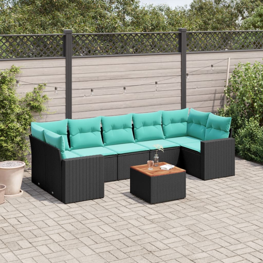 8-delige Loungeset met kussens poly rattan zwart – afbeelding 1