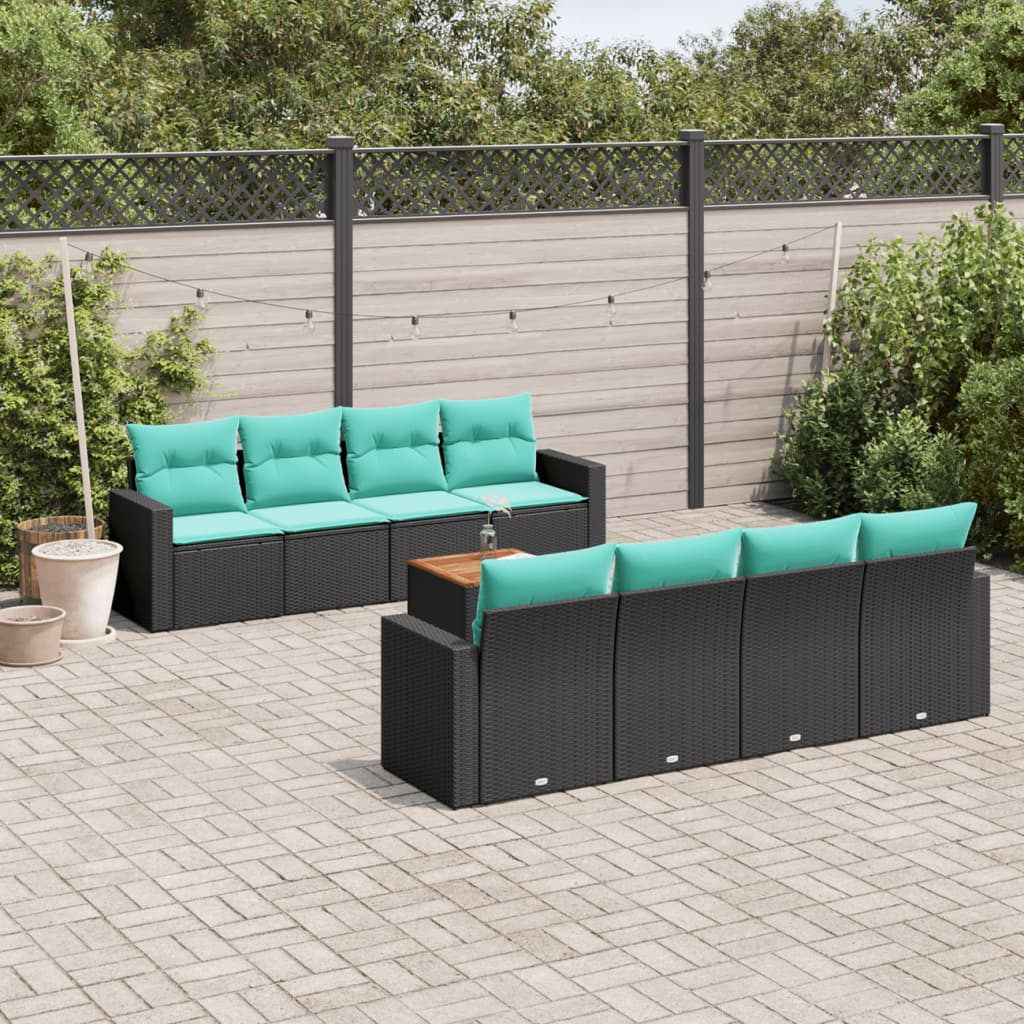9-delige Loungeset met kussens poly rattan zwart – afbeelding 1