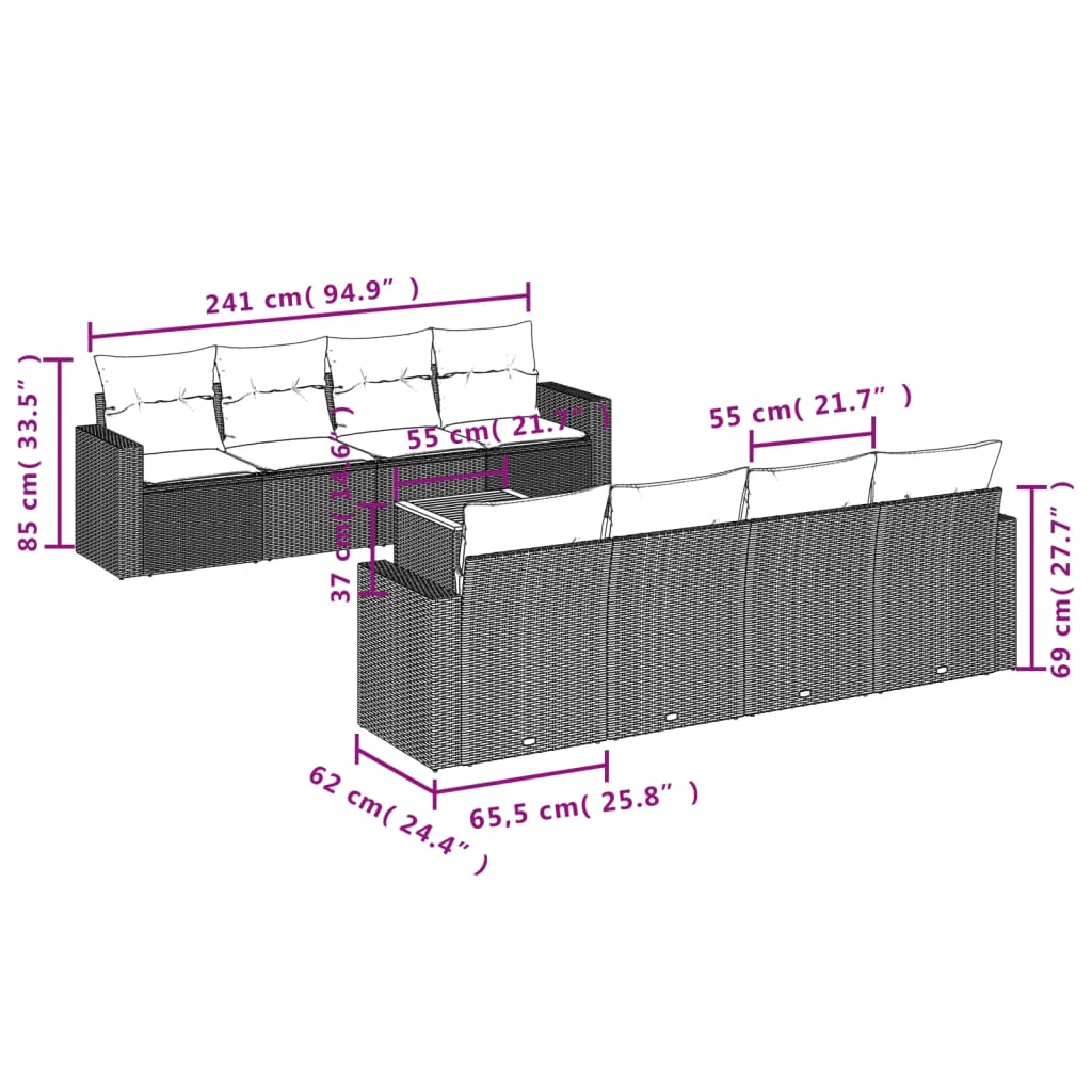 9-delige Loungeset met kussens poly rattan zwart – afbeelding 10