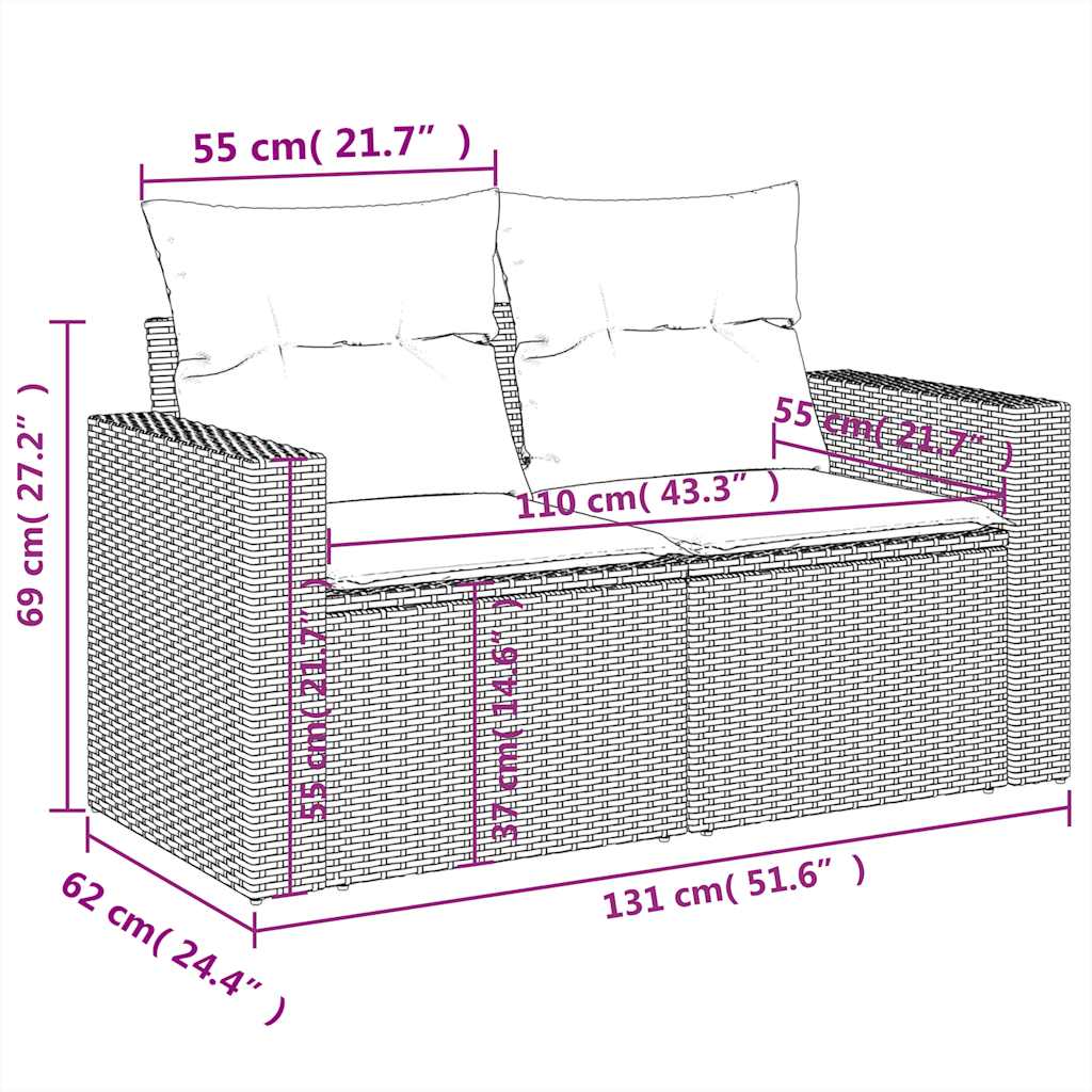 9-delige Loungeset met kussens poly rattan zwart – afbeelding 12