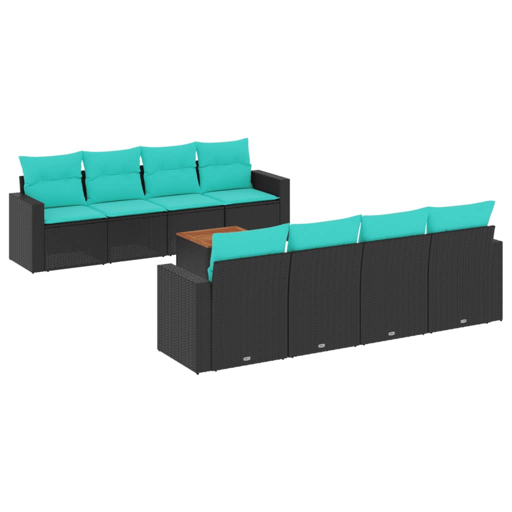 9-delige Loungeset met kussens poly rattan zwart – afbeelding 2