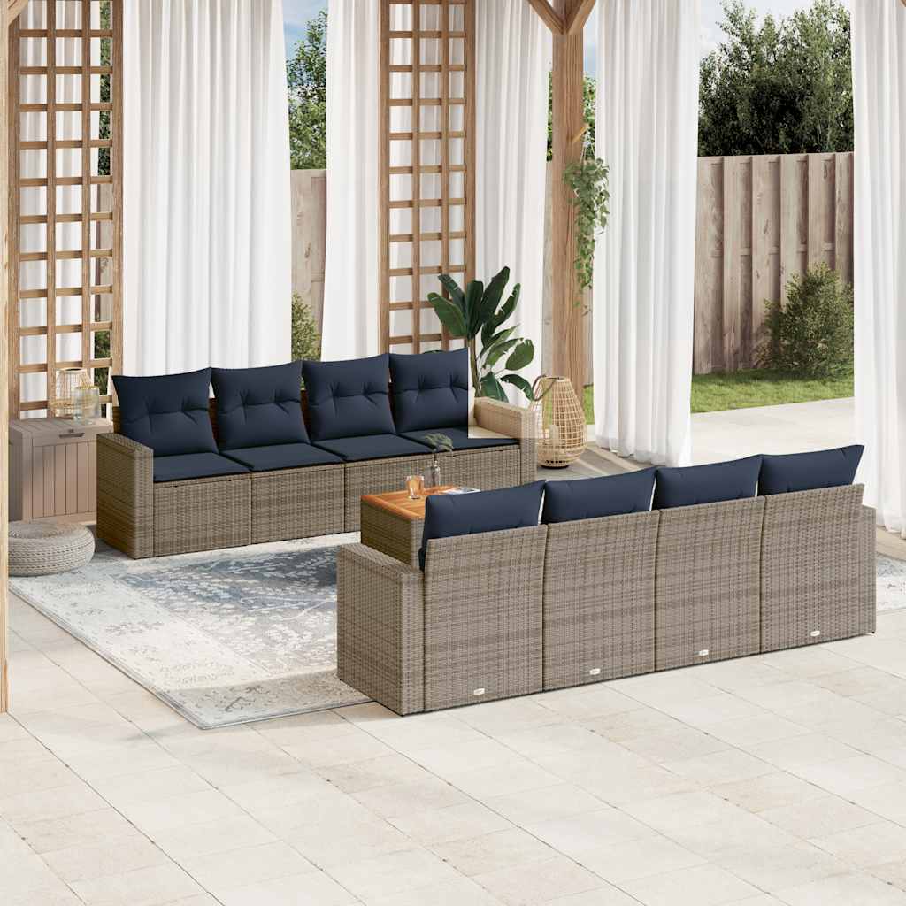 9-delige Loungeset met kussens poly rattan grijs – afbeelding 1