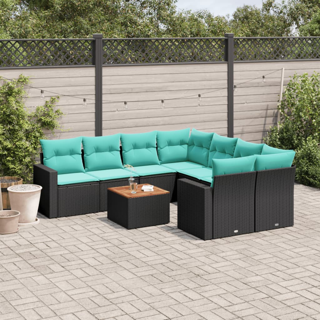 9-delige Loungeset met kussens poly rattan zwart – afbeelding 1