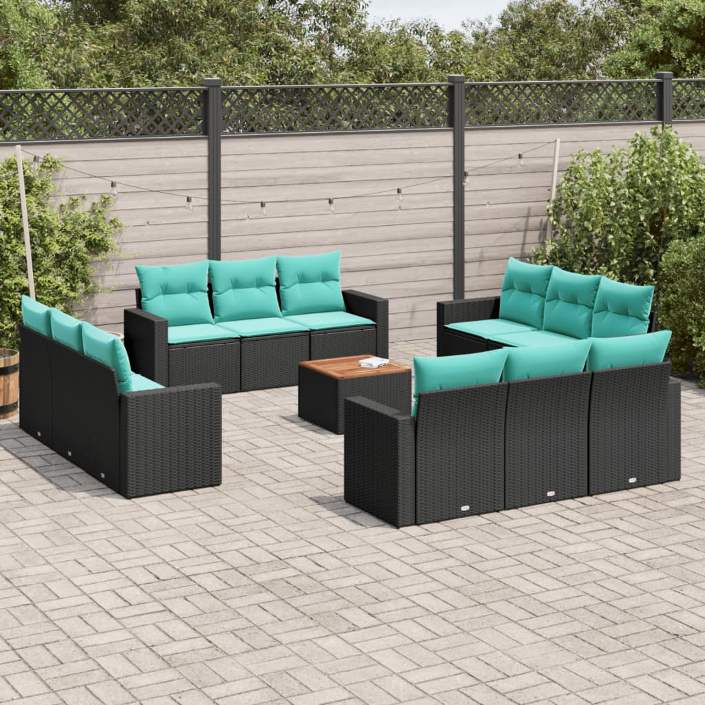 13-delige Loungeset met kussens poly rattan zwart – afbeelding 1