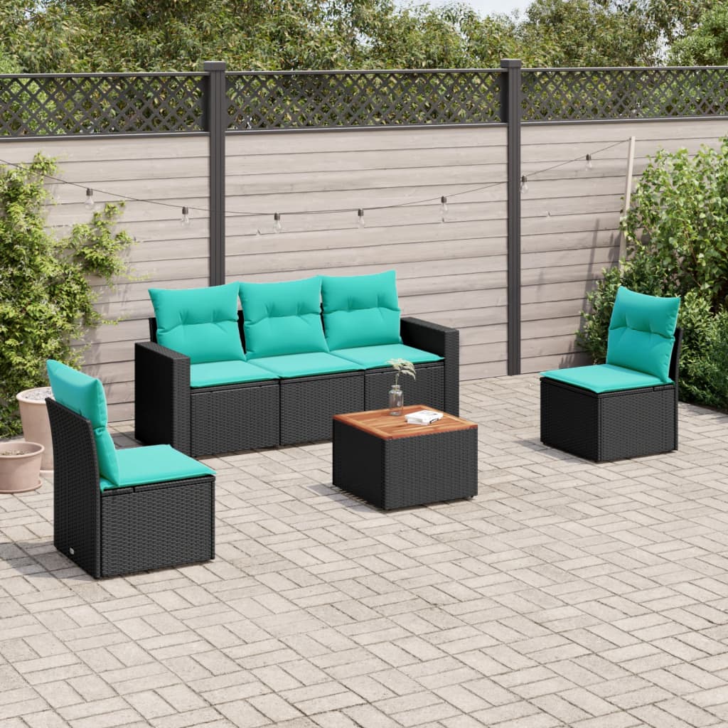 6-delige Loungeset met kussens poly rattan zwart – afbeelding 1