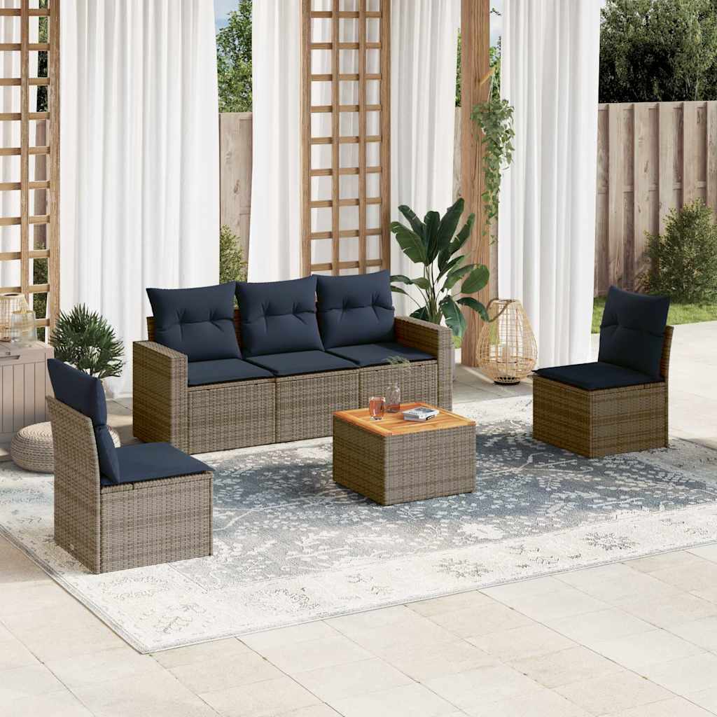 6-delige Loungeset met kussens poly rattan grijs – afbeelding 1