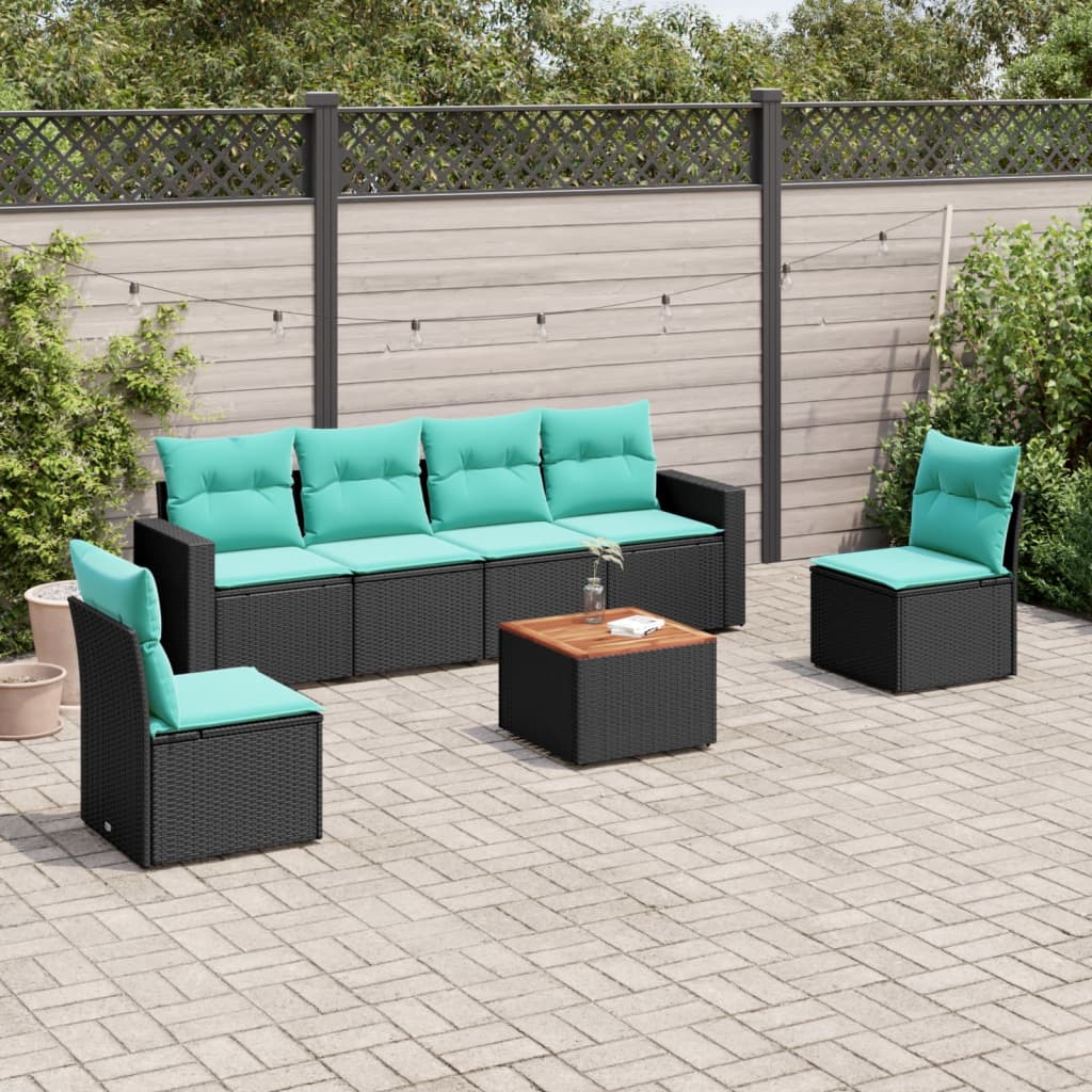 7-delige Loungeset met kussens poly rattan zwart – afbeelding 1