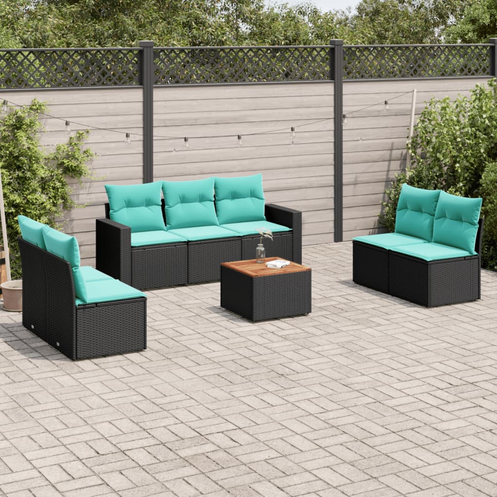 8-delige Loungeset met kussens poly rattan zwart – afbeelding 1