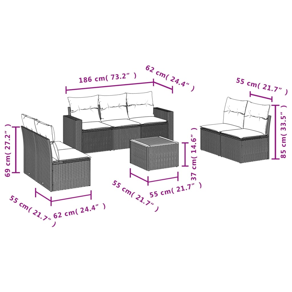 8-delige Loungeset met kussens poly rattan zwart – afbeelding 10