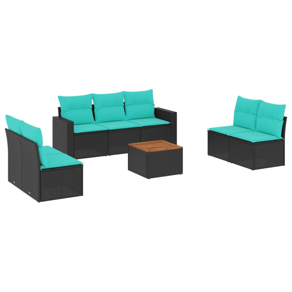 8-delige Loungeset met kussens poly rattan zwart – afbeelding 2