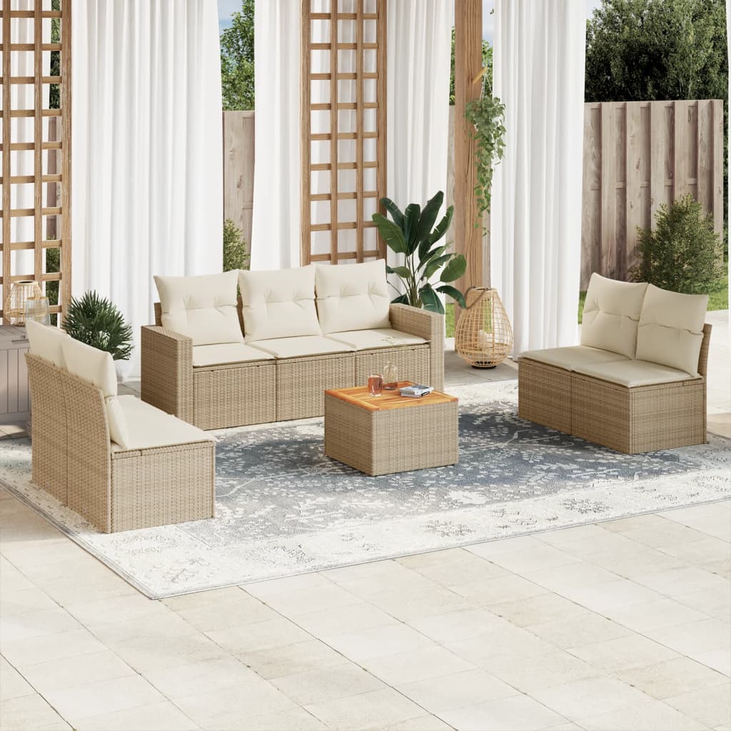 8-delige Loungeset met kussens poly rattan beige – afbeelding 1