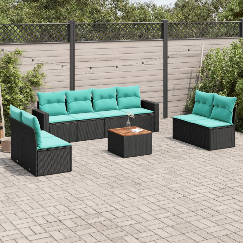 9-delige Loungeset met kussens poly rattan zwart – afbeelding 1