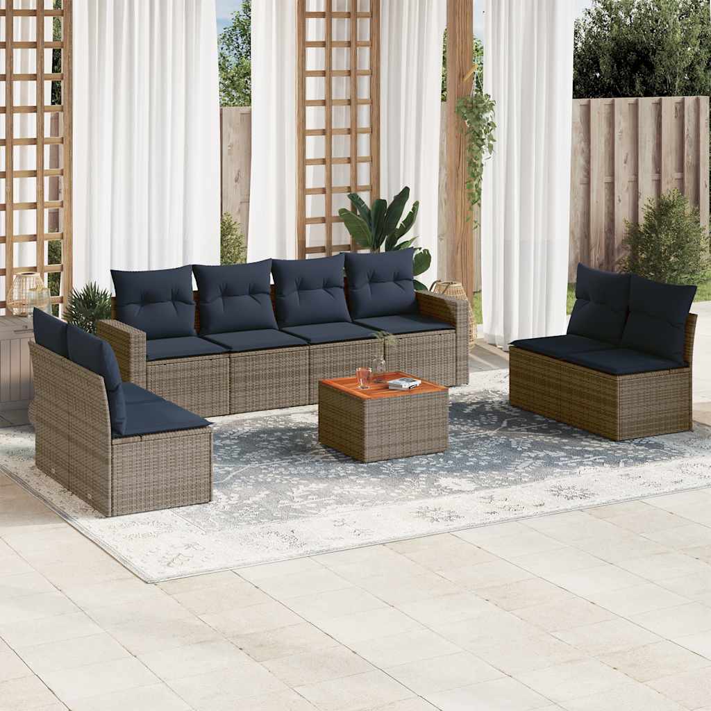 9-delige Loungeset met kussens poly rattan grijs – afbeelding 1