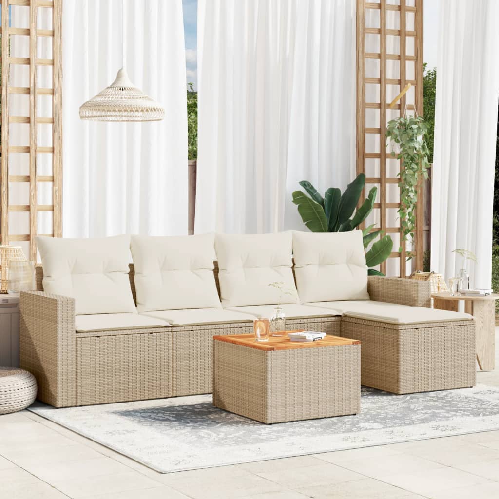 6-delige Loungeset met kussens poly rattan beige – afbeelding 1