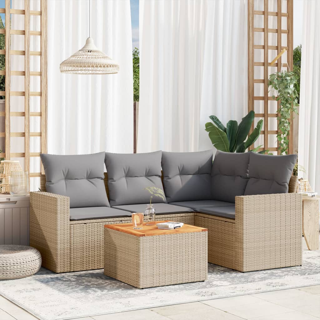5-delige Loungeset met kussens poly rattan gemengd beige – afbeelding 1