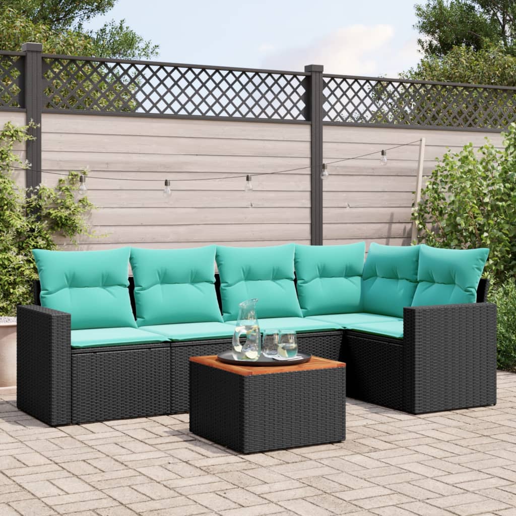 6-delige Loungeset met kussens poly rattan zwart – afbeelding 1