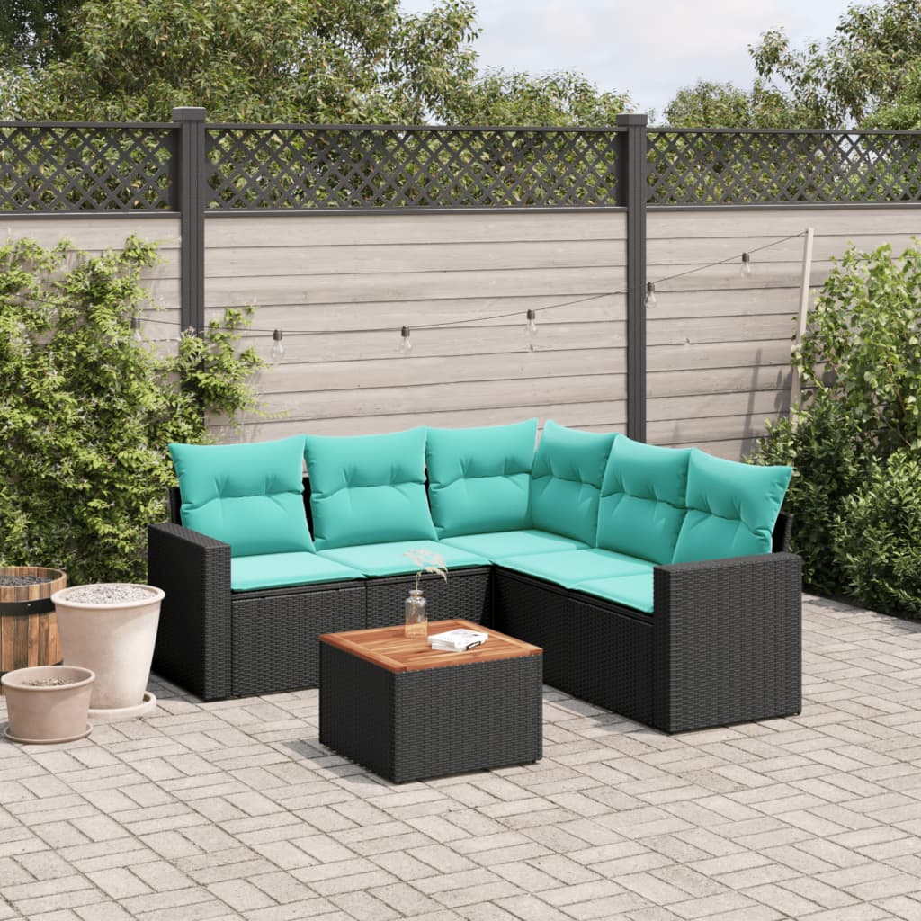 6-delige Loungeset met kussens poly rattan zwart – afbeelding 1