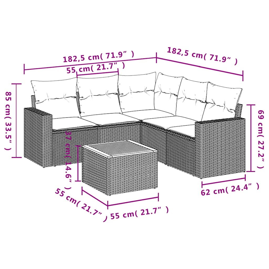 6-delige Loungeset met kussens poly rattan zwart – afbeelding 12
